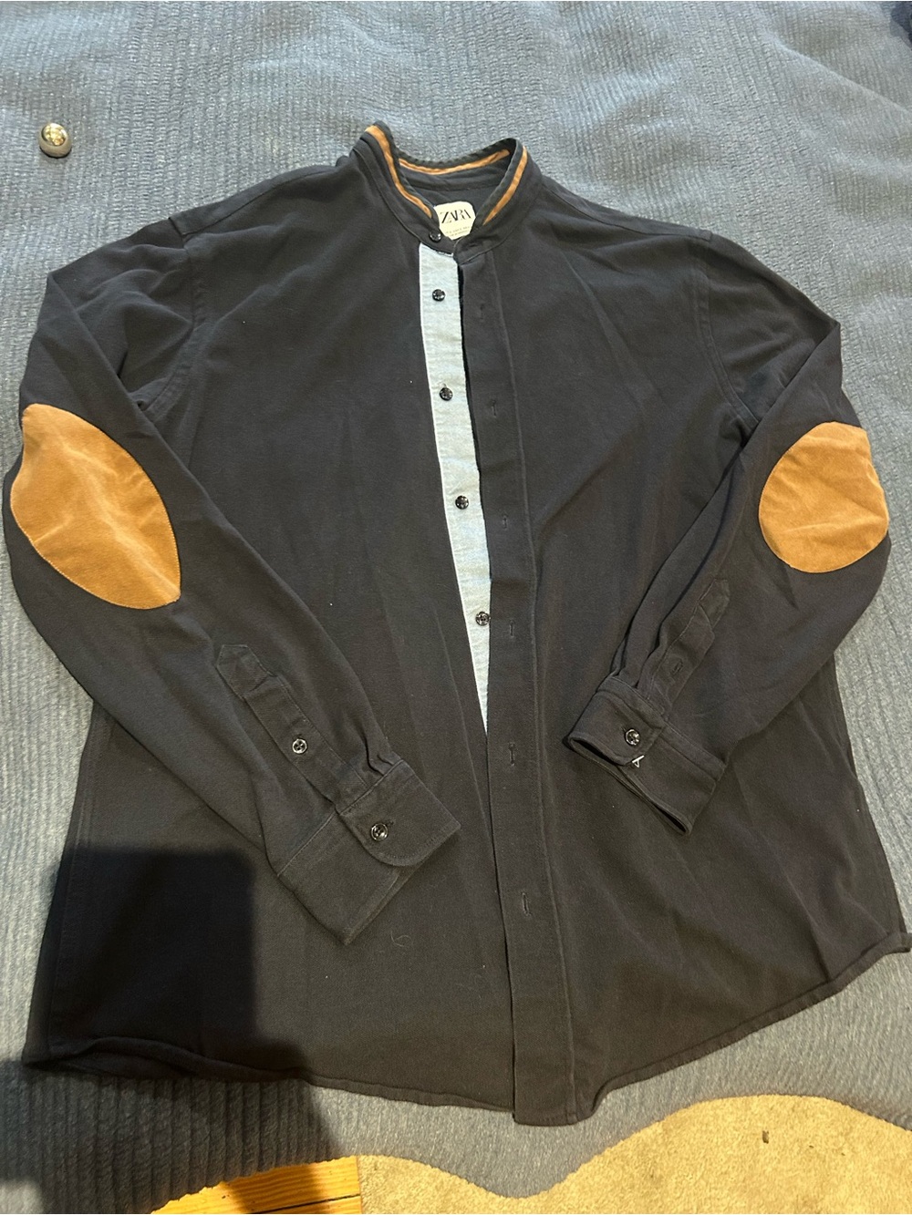 Zara Black Shirt Jacket with Tan Elbow Patches